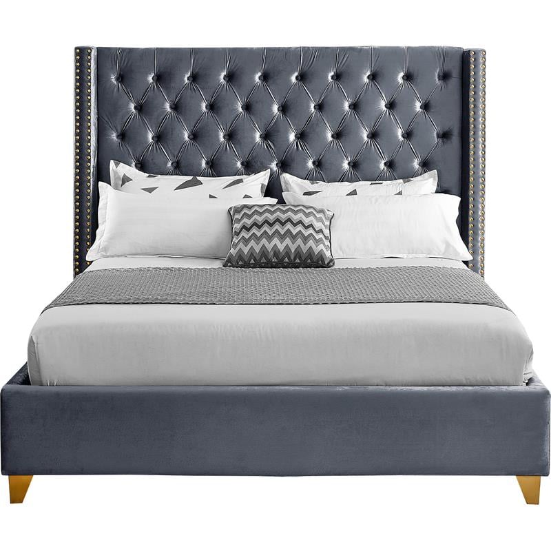 Maklaine Contemporary Upholstery Gray Velvet King Bed