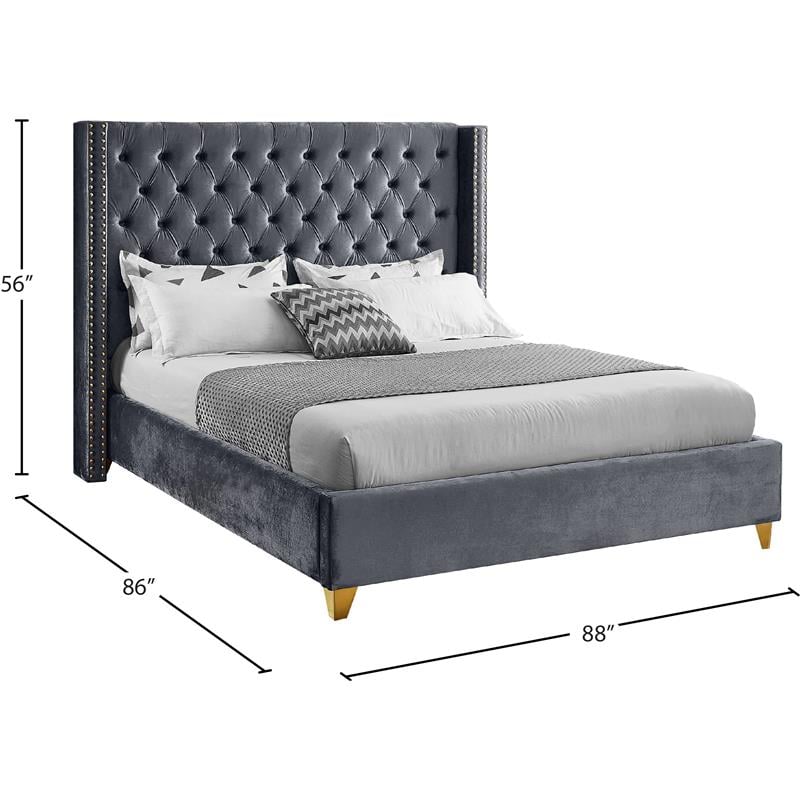 Maklaine Contemporary Upholstery Gray Velvet King Bed