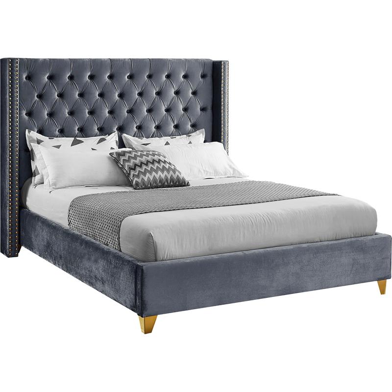 Maklaine Contemporary Upholstery Gray Velvet King Bed