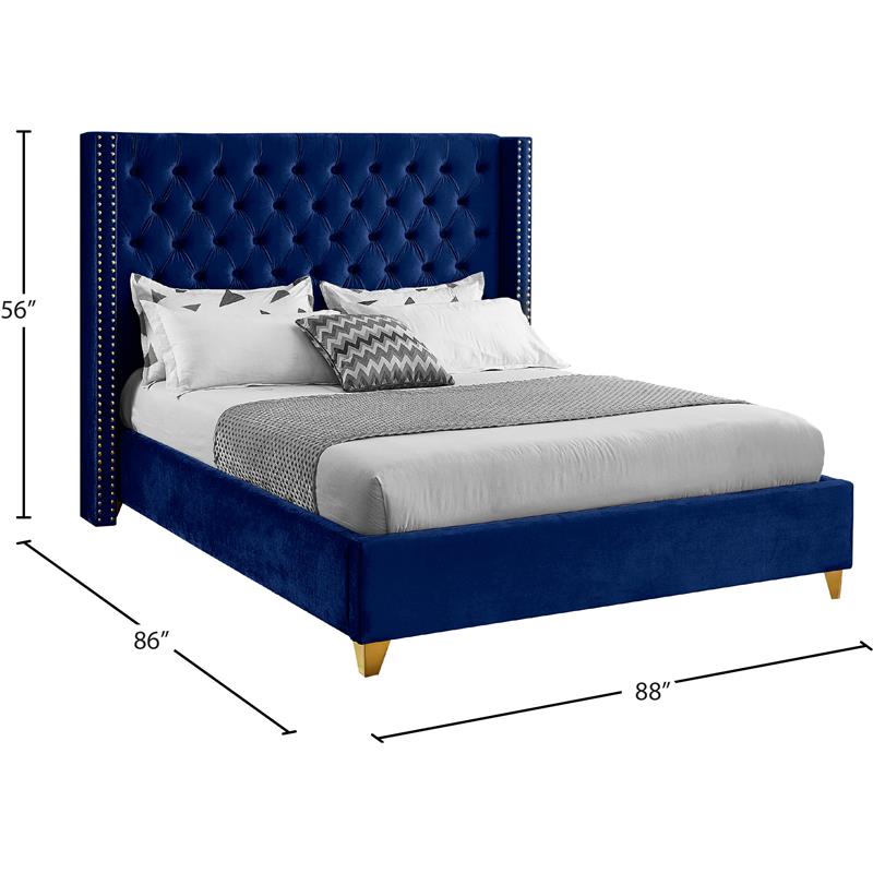 Maklaine Velvet Navy King Bed Wing Design Tufted 88