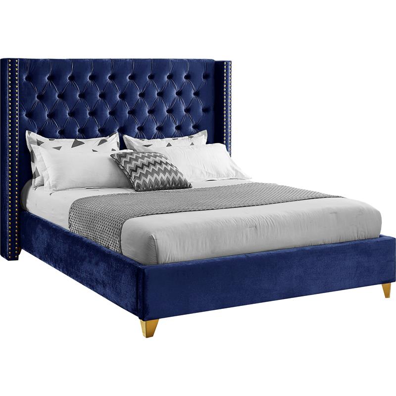 Maklaine Velvet Navy King Bed Wing Design Tufted 88