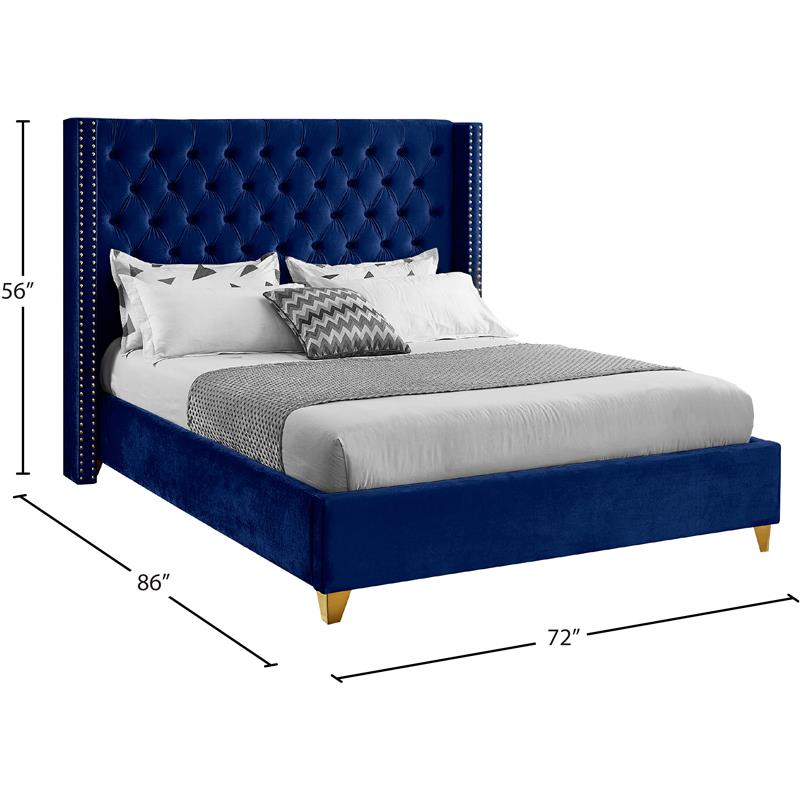 Maklaine Velvet Navy Queen Bed Wing Design 72
