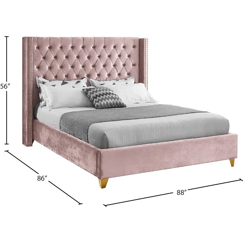 Maklaine Contemporary Upholstery Pink Velvet King Bed