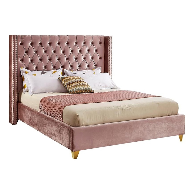 Maklaine Velvet Pink Queen Bed Wing Deep Tufted 72