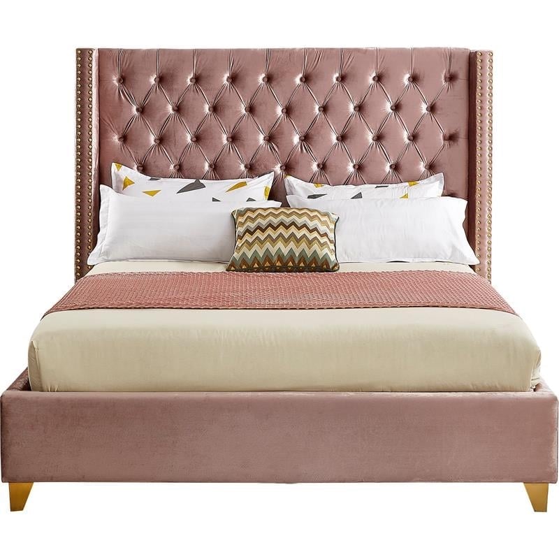 Maklaine Velvet Pink Queen Bed Wing Deep Tufted 72