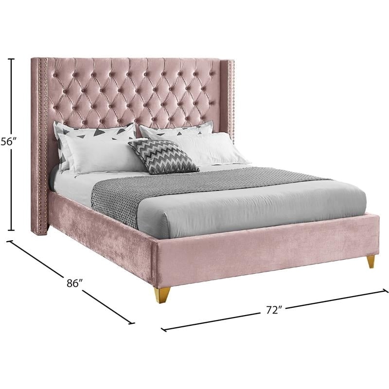 Maklaine Velvet Pink Queen Bed Wing Deep Tufted 72
