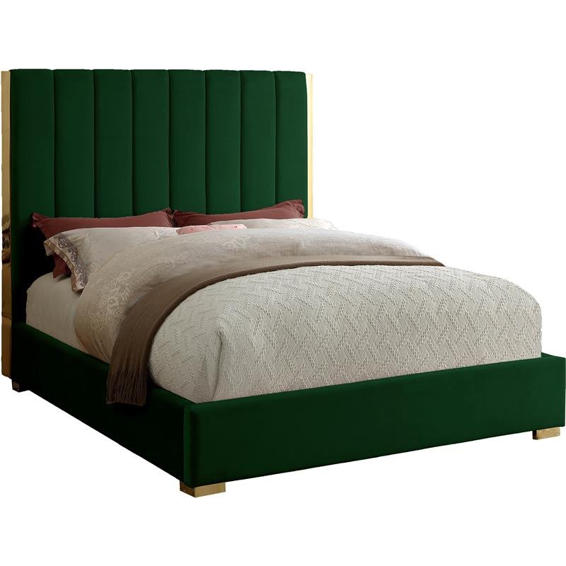 Maklaine Contemporary Metal and Velvet Full Bed in Green