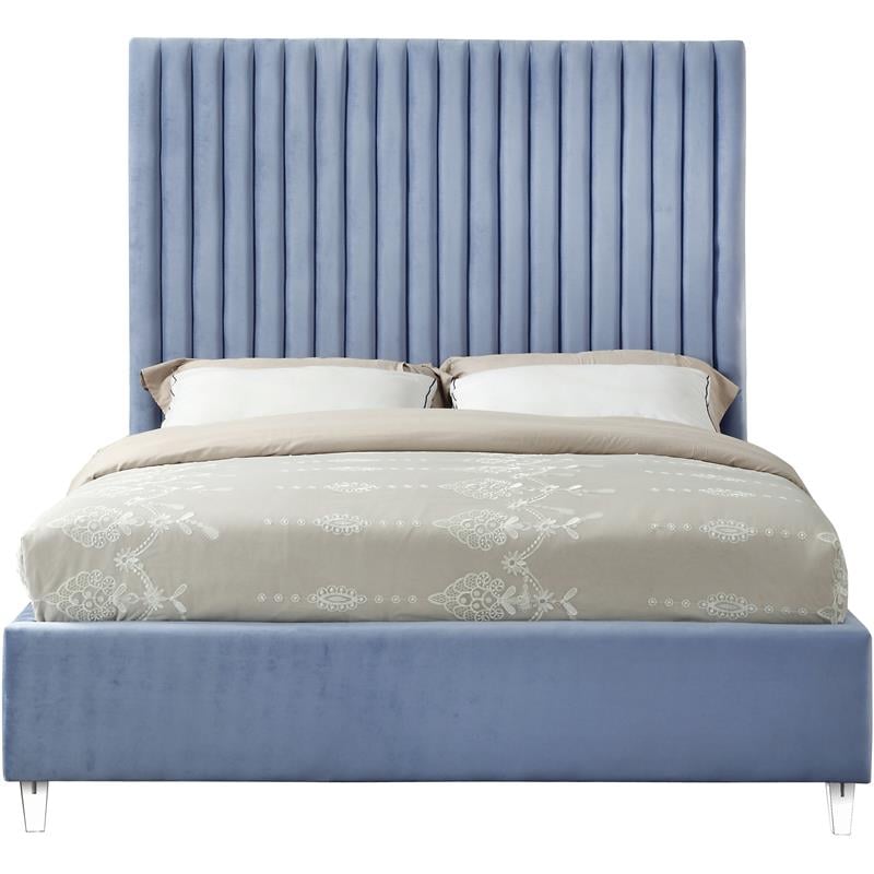Maklaine Contemporary Solid Wood Tufted Velvet Queen Bed in Sky Blue