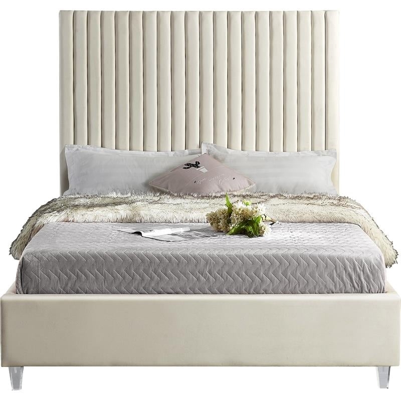 Maklaine Modern Velvet Fabric Upholstered Deep Channel Tufted King Bed in Cream