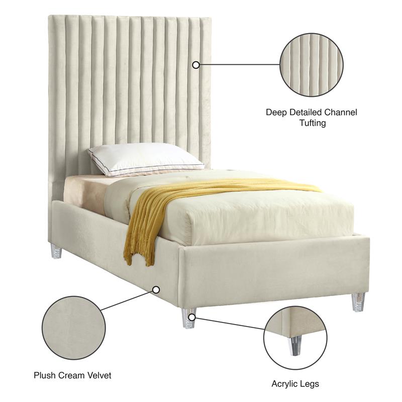 Maklaine Contemporary Upholstery Cream Velvet Twin Bed
