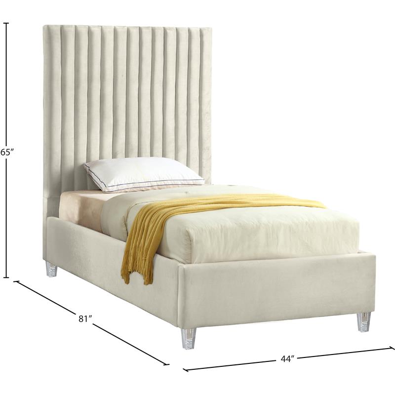 Maklaine Contemporary Upholstery Cream Velvet Twin Bed