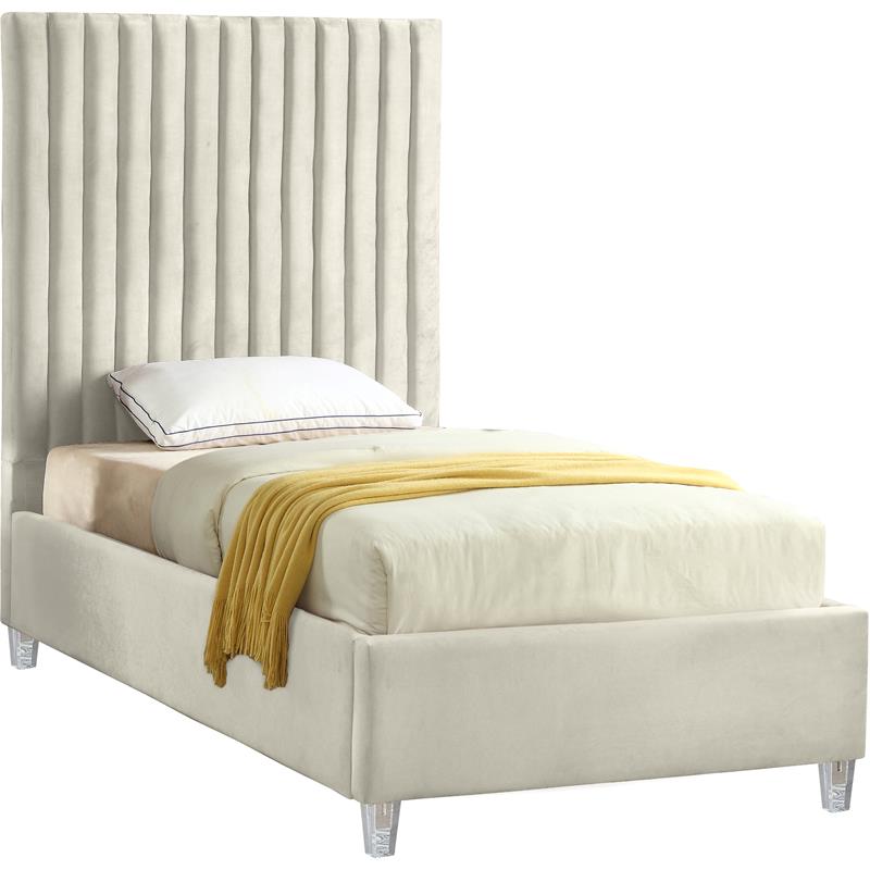 Maklaine Contemporary Upholstery Cream Velvet Twin Bed