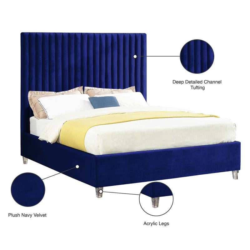 Maklaine Contemporary Solid Wood Tufted Velvet Queen Bed in Navy