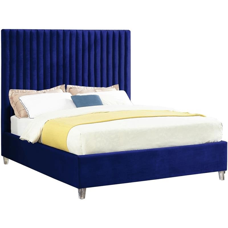 Maklaine Contemporary Solid Wood Tufted Velvet Queen Bed in Navy