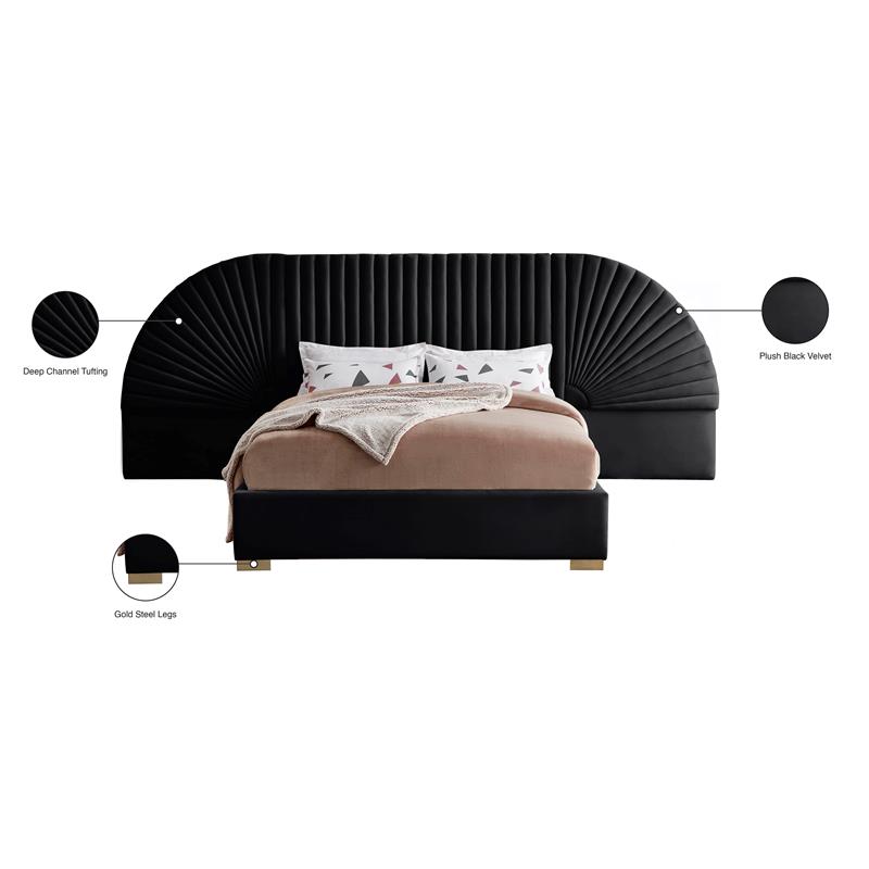 Maklaine Contemporary Upholstery Black Velvet Queen Bed