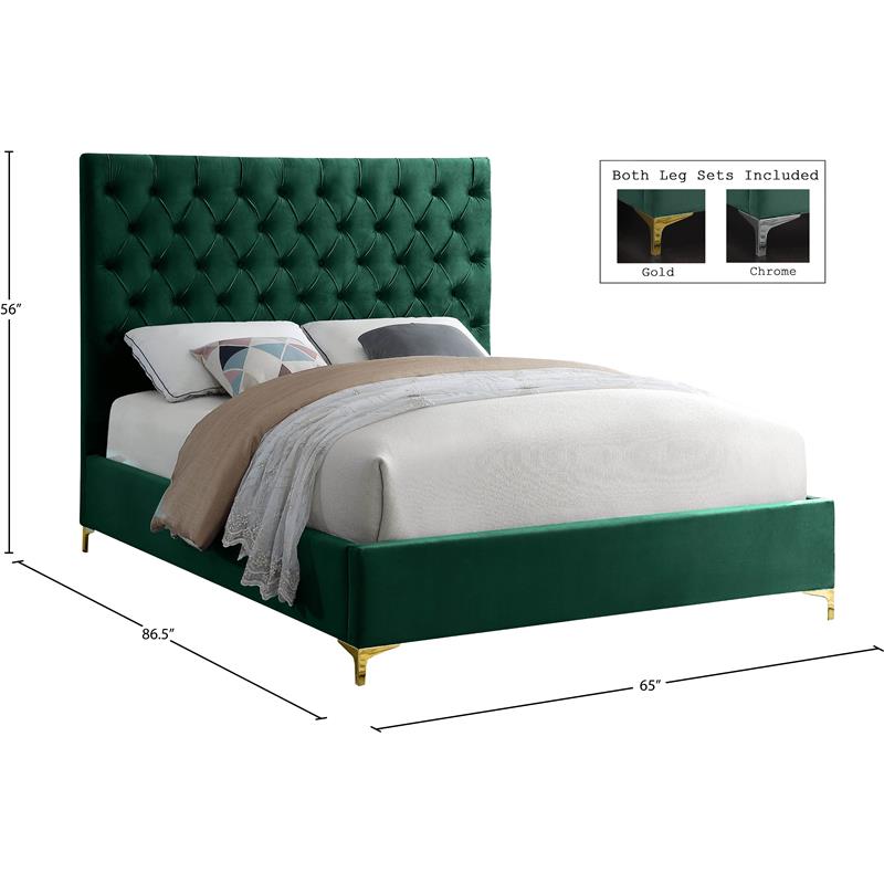 Maklaine Solid Wood Green Velvet Queen Bed Rectangular Tufted 65