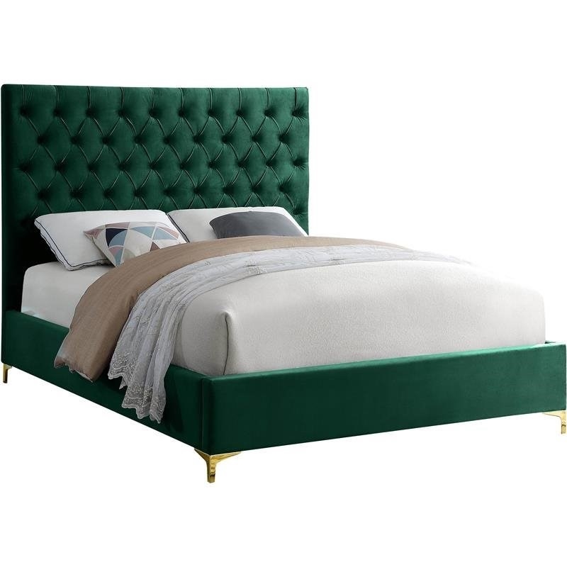 Maklaine Solid Wood Green Velvet Queen Bed Rectangular Tufted 65