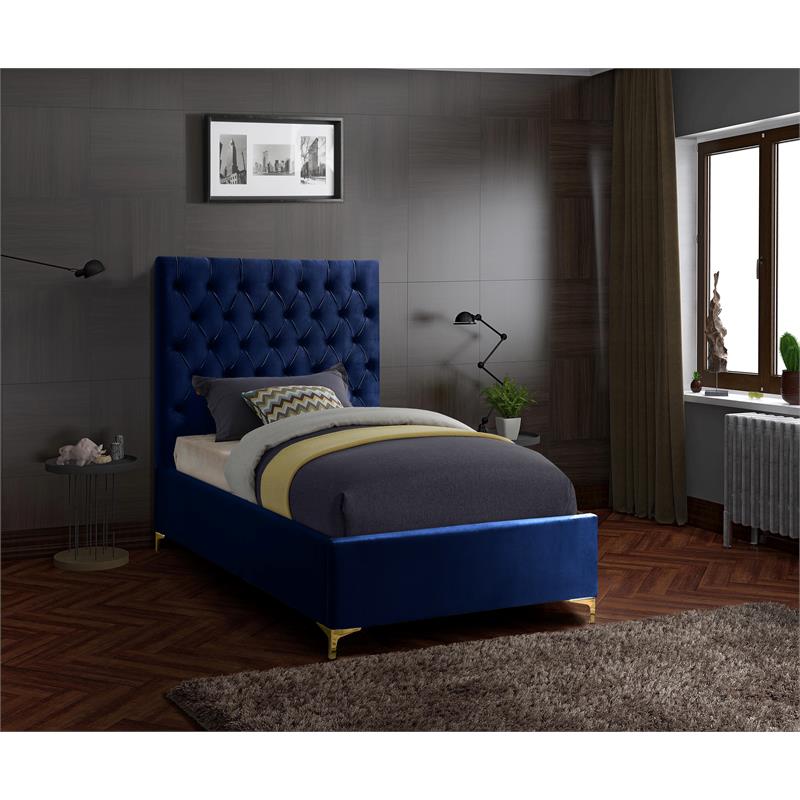 Maklaine Contemporary Solid Wood Tufted Velvet Twin Bed in Navy