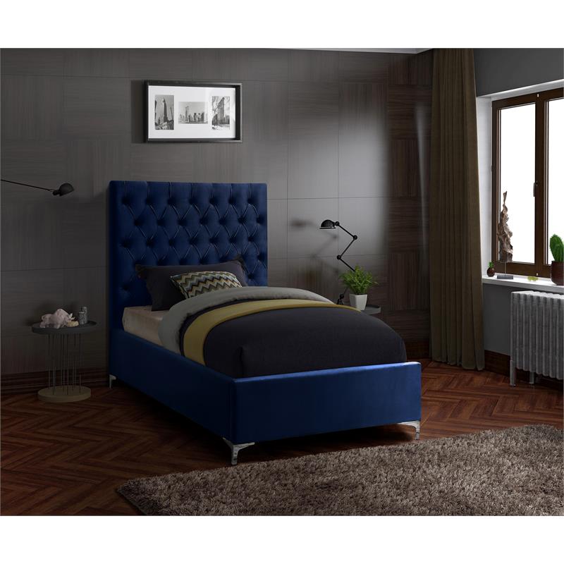 Maklaine Contemporary Solid Wood Tufted Velvet Twin Bed in Navy