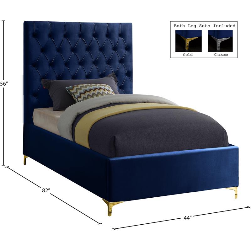 Maklaine Contemporary Solid Wood Tufted Velvet Twin Bed in Navy