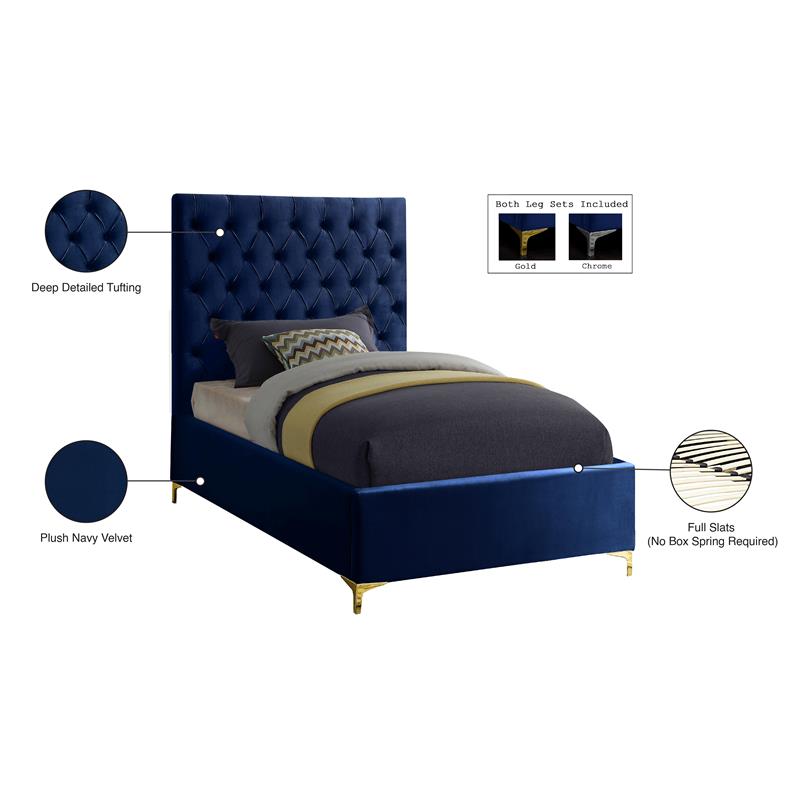 Maklaine Contemporary Solid Wood Tufted Velvet Twin Bed in Navy