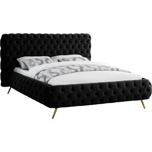 Maklaine Contemporary Solid Wood Tufted Velvet Queen Bed in Black