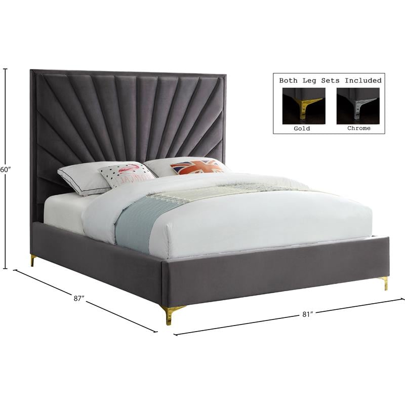 Maklaine Contemporary Solid Wood and Velvet King Bed in Gray