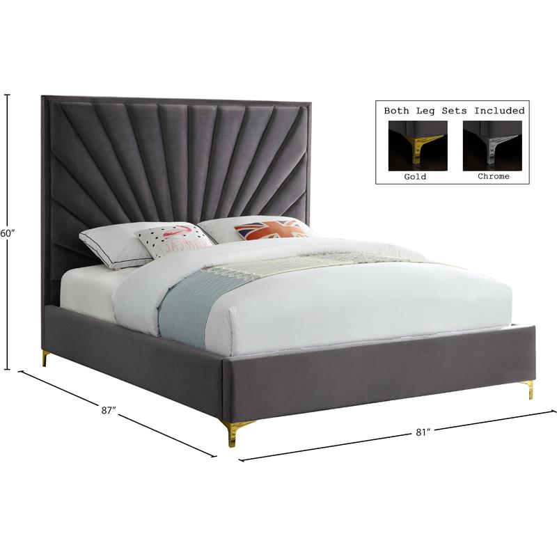Maklaine Contemporary Solid Wood and Velvet King Bed in Gray