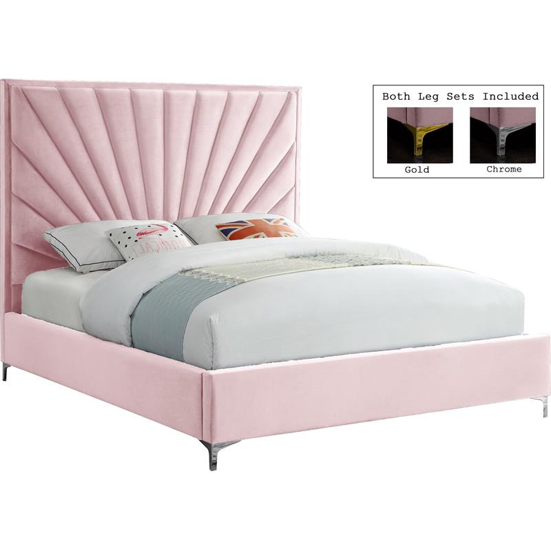 Maklaine Contemporary Solid Wood and Velvet Full Bed in Pink