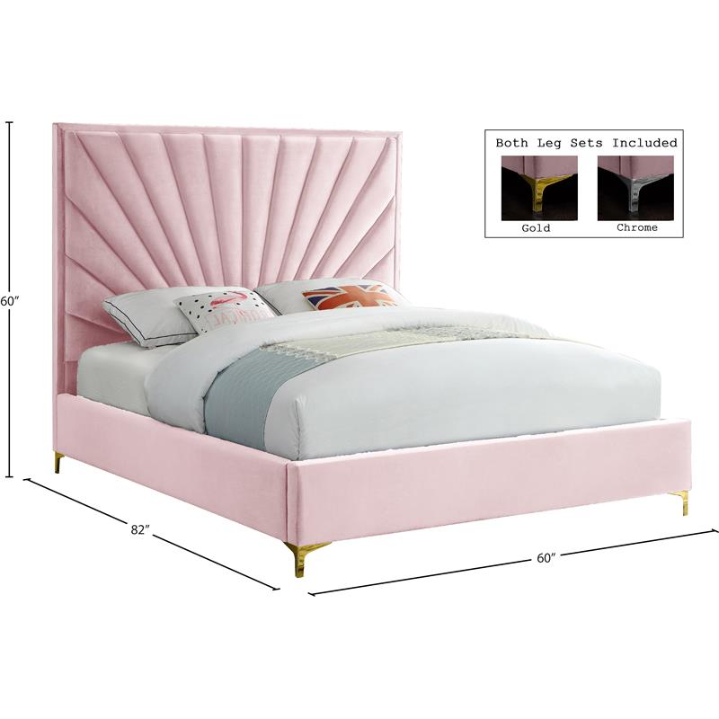 Maklaine Contemporary Solid Wood and Velvet Full Bed in Pink