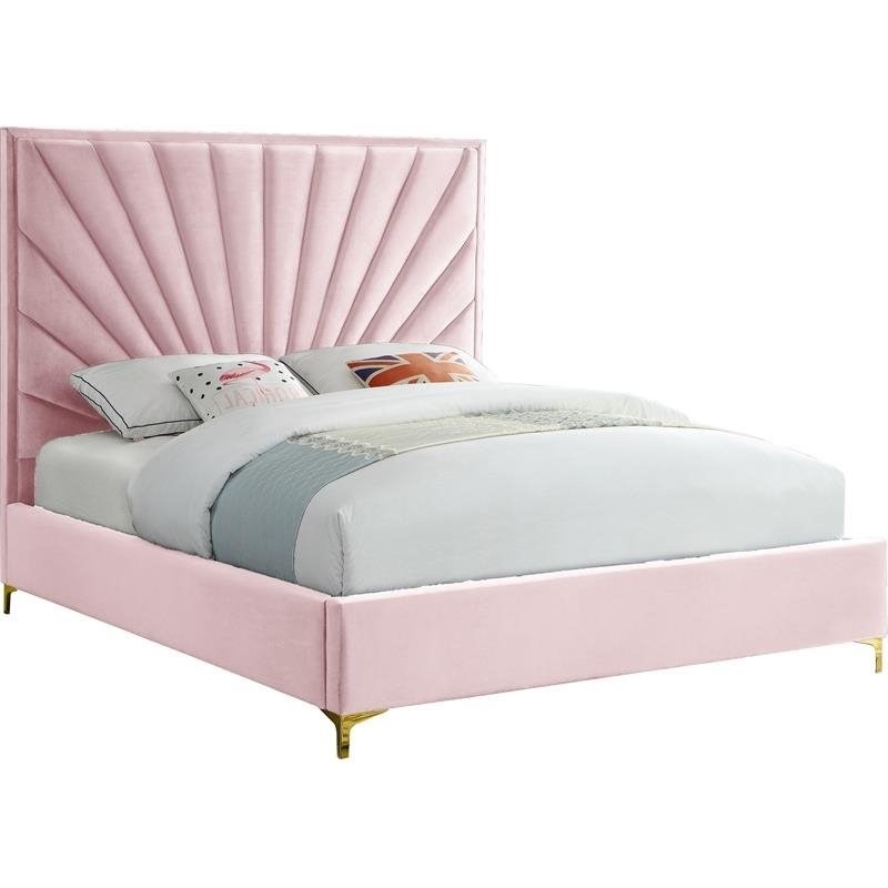 Maklaine Contemporary Solid Wood and Velvet Full Bed in Pink