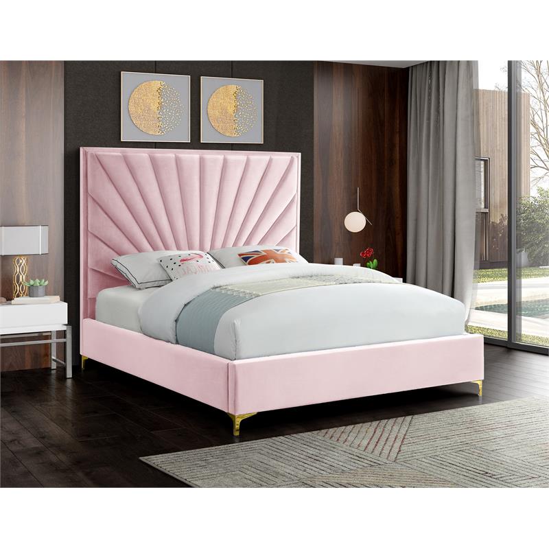 Maklaine Contemporary Solid Wood and Velvet Queen Bed in Pink