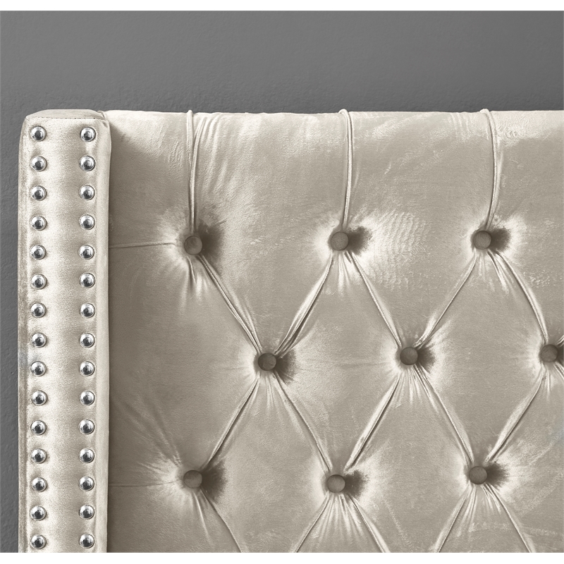 Maklaine Solid Wood Tufted Velvet Wing Back Twin Bed in Cream