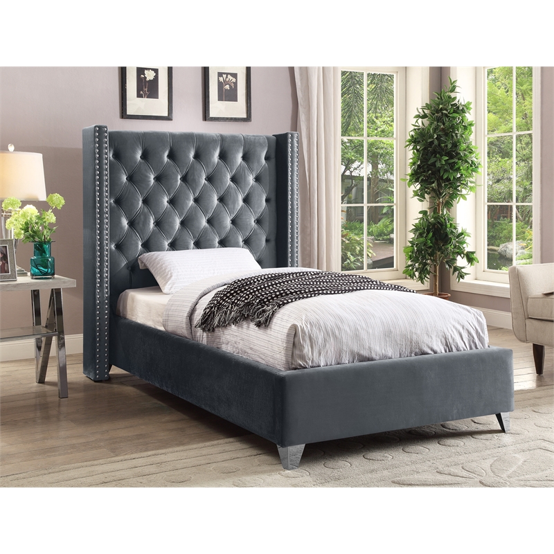 Maklaine Solid Wood Tufted Velvet Wing Back Twin Bed in Gray