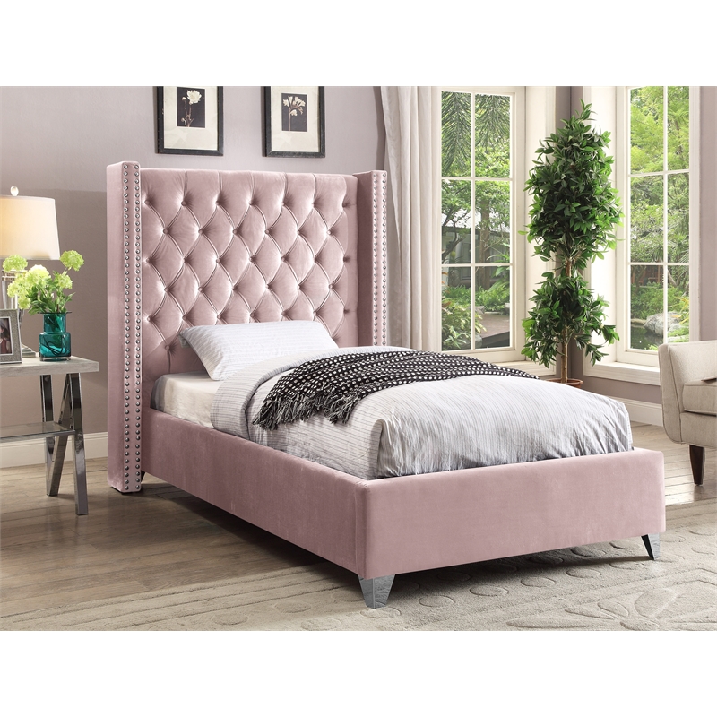 Maklaine Solid Wood Tufted Velvet Wing Back Twin Bed in Pink