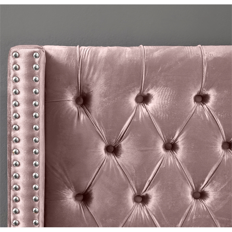 Maklaine Solid Wood Tufted Velvet Wing Back Twin Bed in Pink