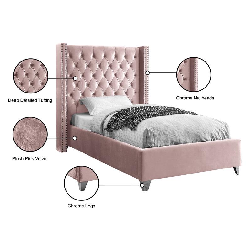 Maklaine Solid Wood Tufted Velvet Wing Back Twin Bed in Pink