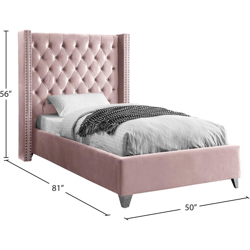 Maklaine Solid Wood Tufted Velvet Wing Back Twin Bed in Pink
