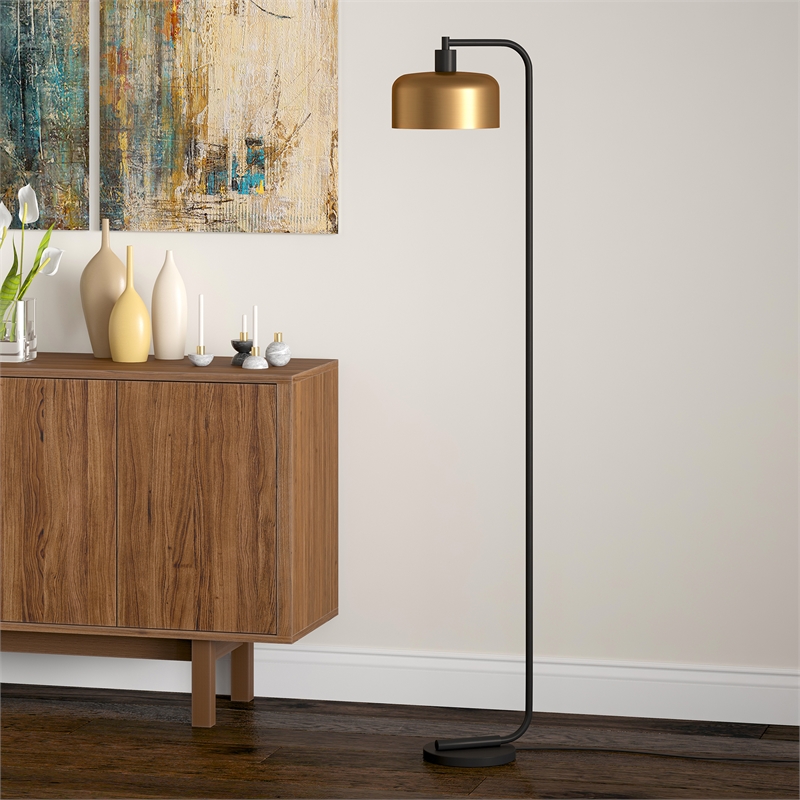 Maklaine Industrial Metal Floor Lamp with Brass Dome Shade in Black