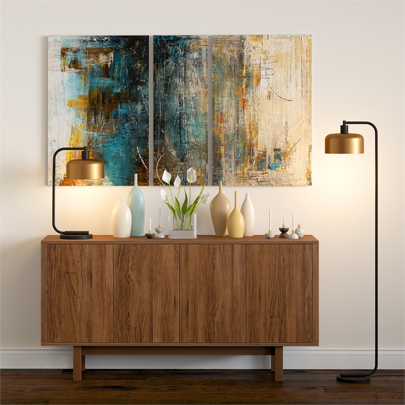 Maklaine Industrial Metal Floor Lamp with Brass Dome Shade in Black