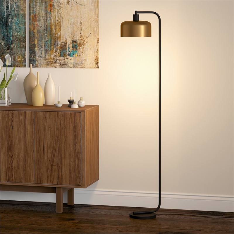 Maklaine Industrial Metal Floor Lamp with Brass Dome Shade in Black