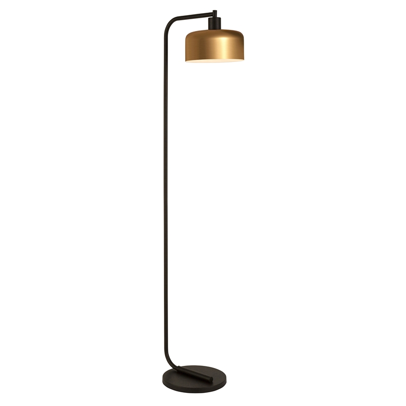 Maklaine Industrial Metal Floor Lamp with Brass Dome Shade in Black