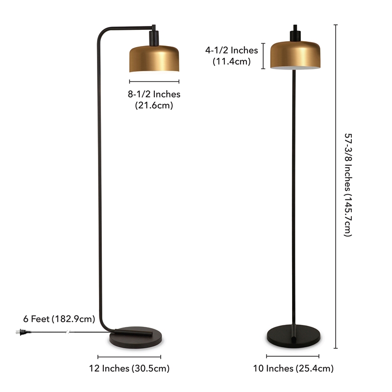 Maklaine Industrial Metal Floor Lamp with Brass Dome Shade in Black