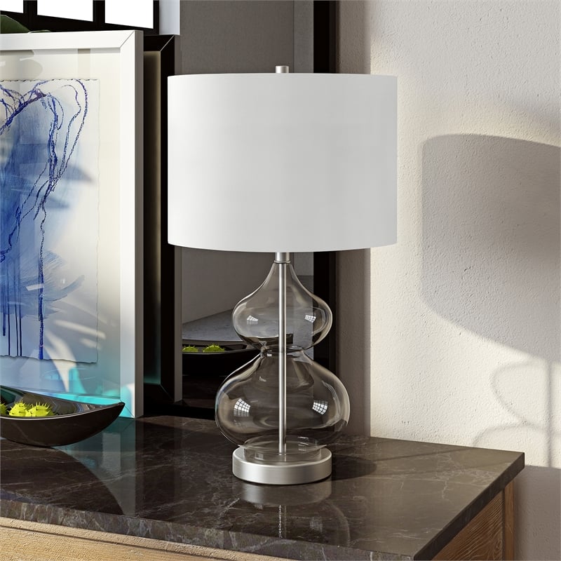 Maklaine Contemporary Clear Glass Table Lamp with Linen Fabric Shade