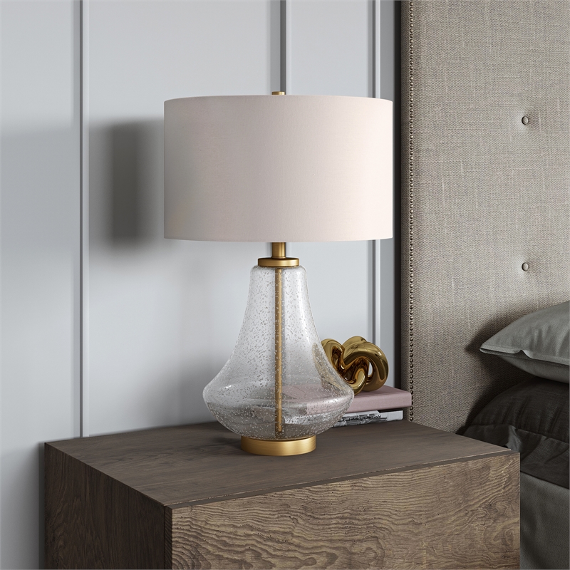 Maklaine Modern Farmhouse Table Lamp with Seeded Glass Shade in Black and Bronze