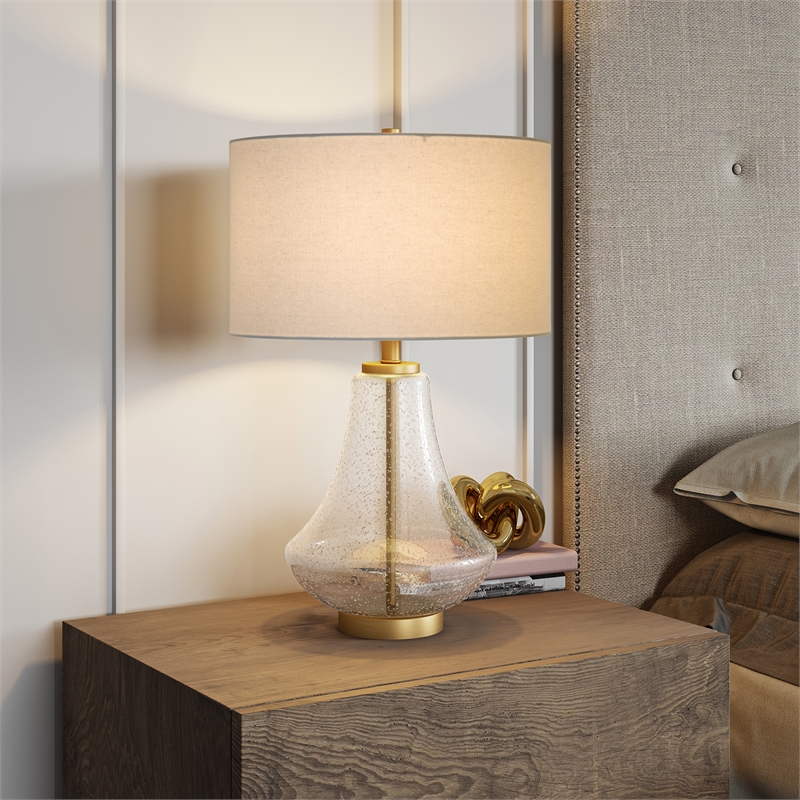 Maklaine Modern Farmhouse Table Lamp with Seeded Glass Shade in Black and Bronze