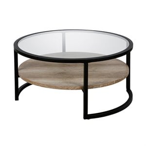 Maklaine Modern Round Metal Coffee Table with Wood Oak Shelf in Black/Bronze