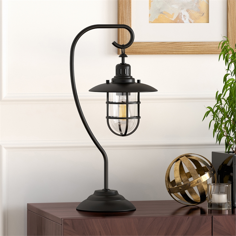 Maklaine Contemporary Metal Nautical Lantern Table Lamp in Black and Bronze