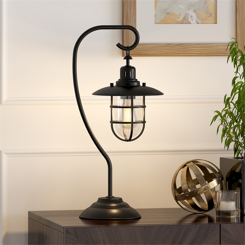 Maklaine Contemporary Metal Nautical Lantern Table Lamp in Black and Bronze