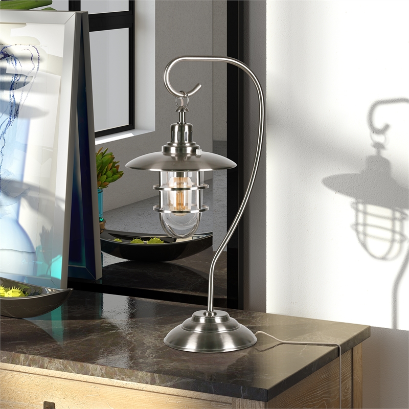 Maklaine Modern Metal Nautical Lantern Table Lamp in Brushed Nickel and Gray